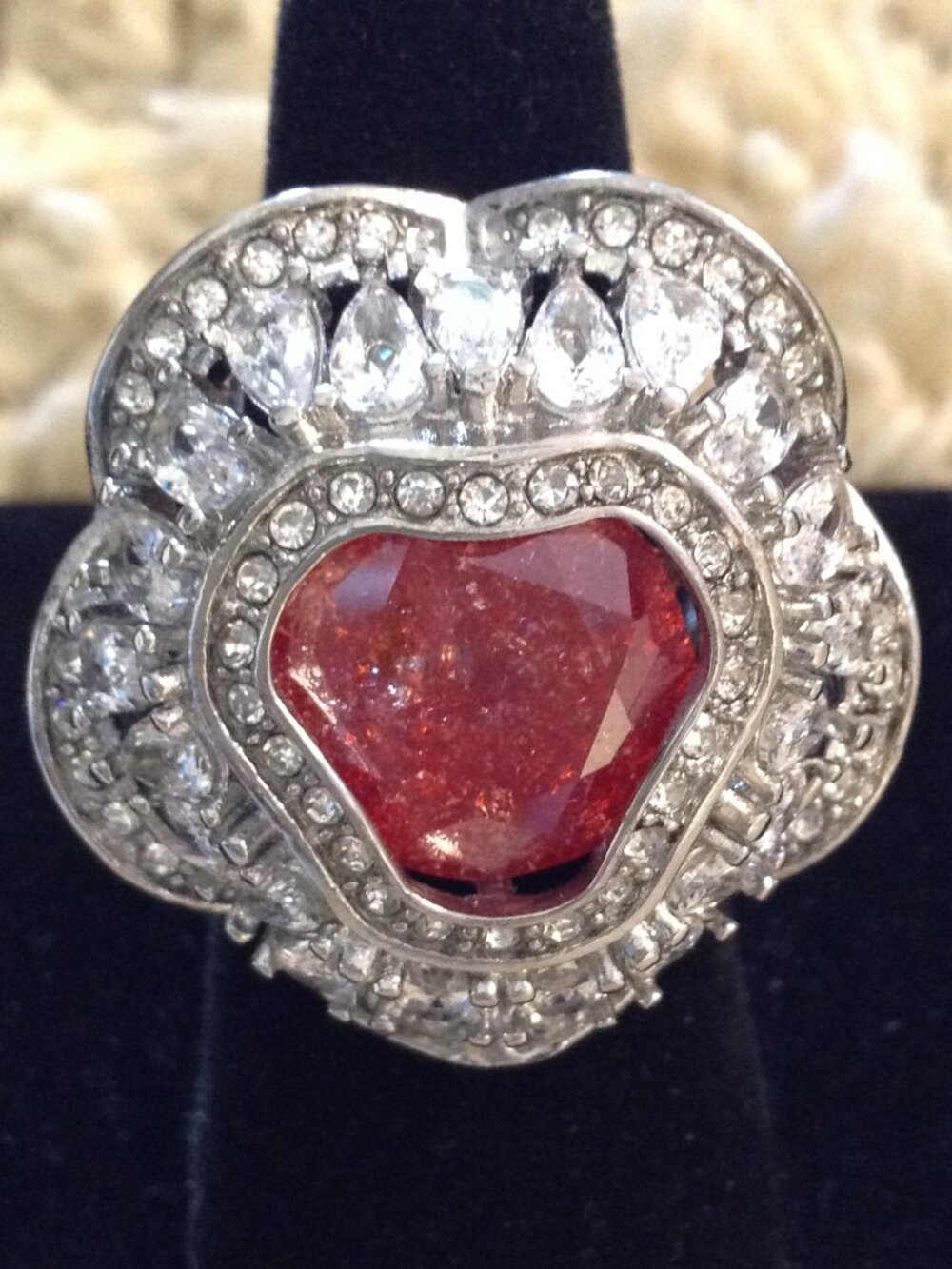 NWOT Bomb Party Garnet Silvertone Filigree "8" Ring Cocktail Stunning Haute Chic